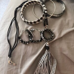 Chic Jewelry Set. Earrings, Bangles, Black Beaded Necklace with Gingham Tassel